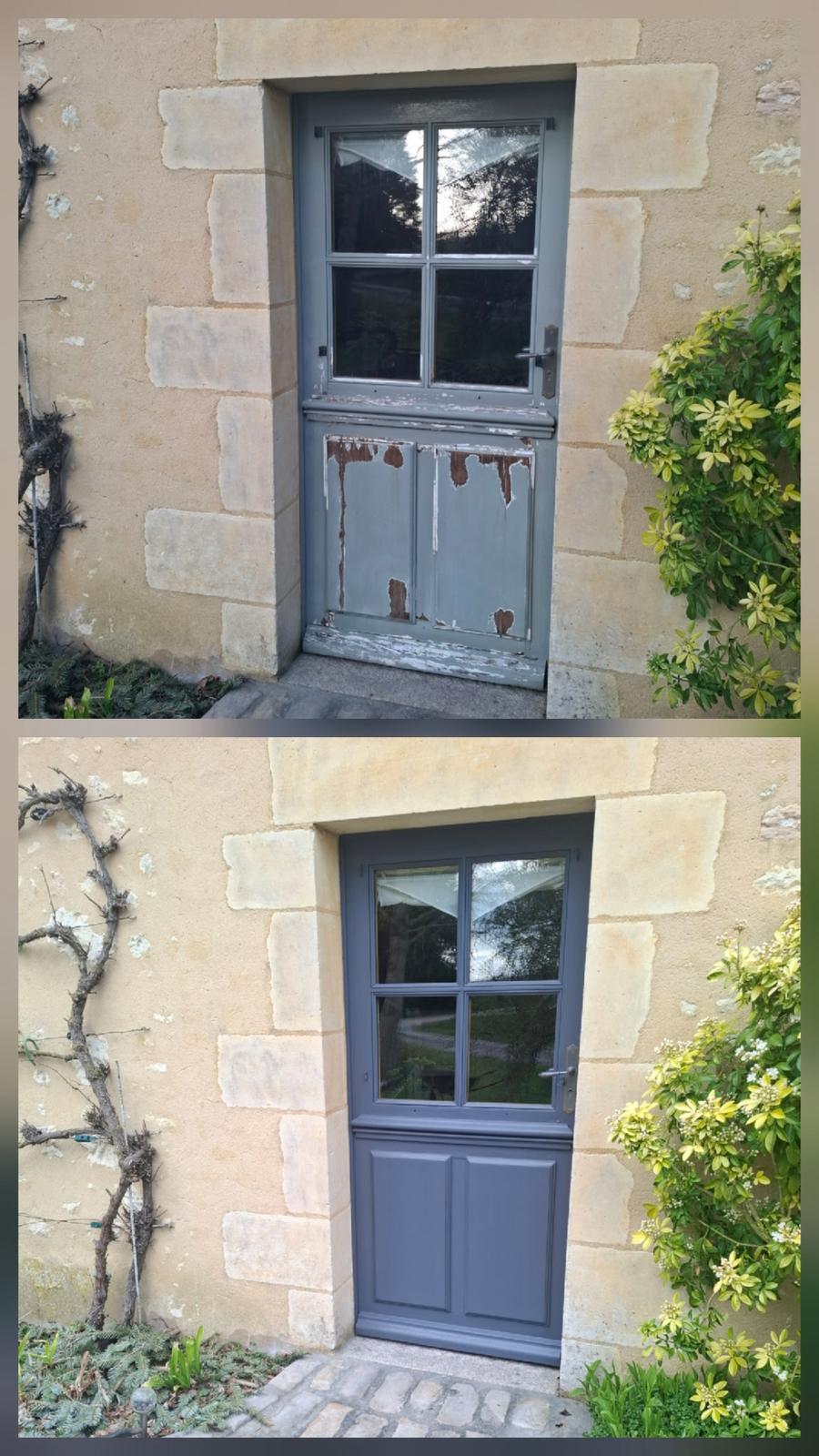 Porte de service — Restauration et peinture gris ardoise